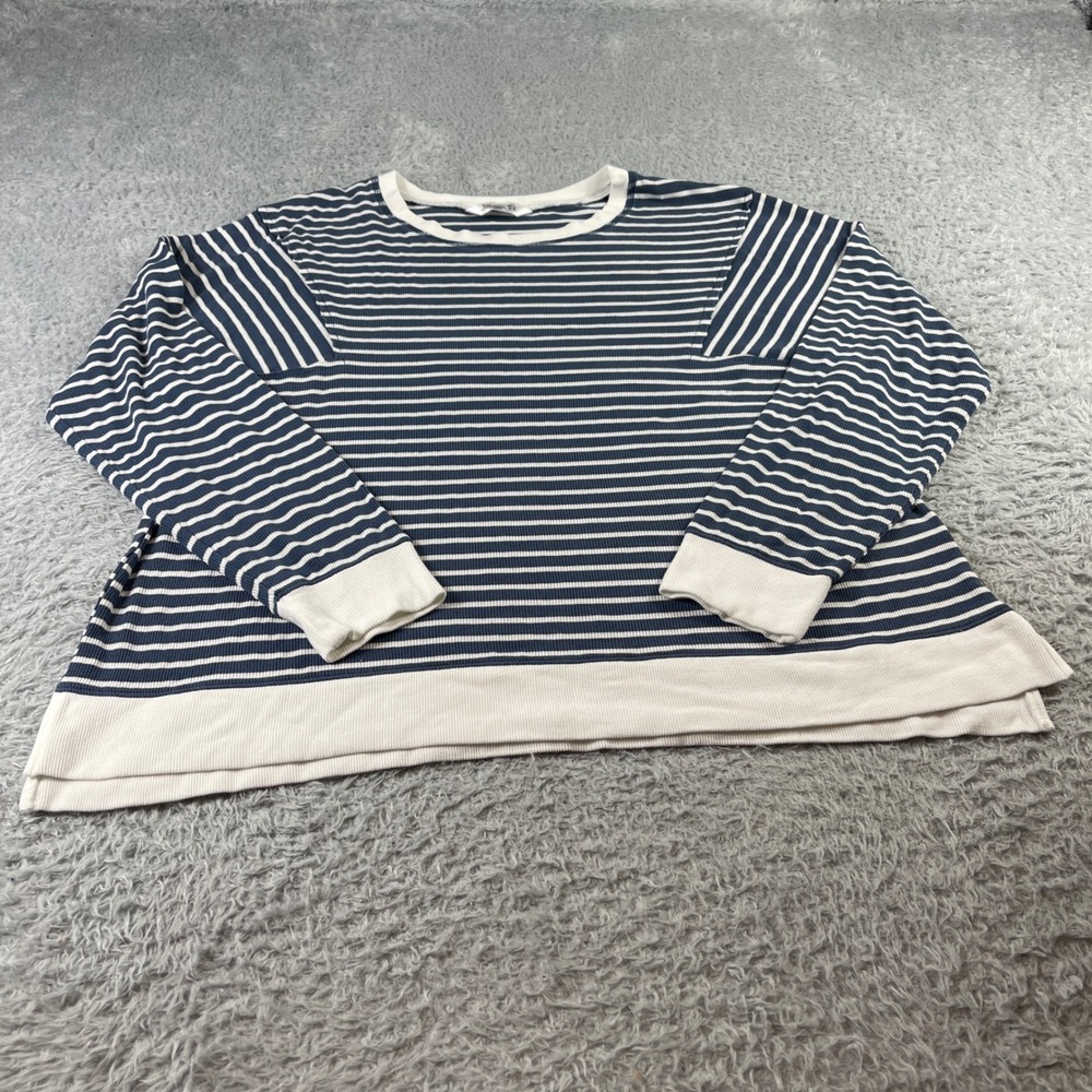 Jillian N Petite Striped Ribbed Knit Top Navy White Long Sleeve PXL RN113135
